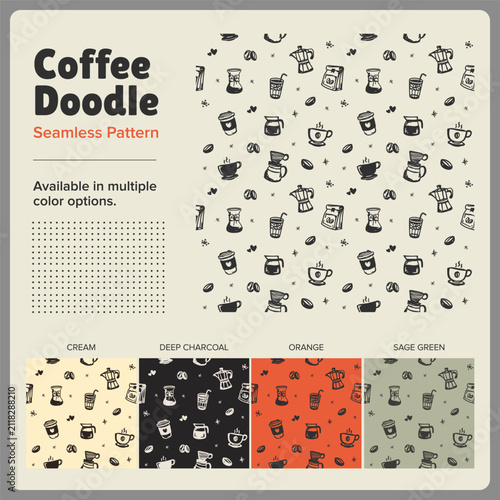 Seamless Pattern Coffee Doodles with hand drawn graphic set