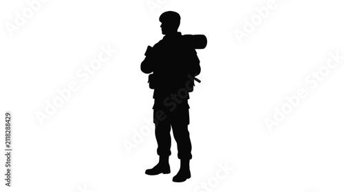 Fotografía Soldier silhouette standing wearing full military gear with backpack depicted as