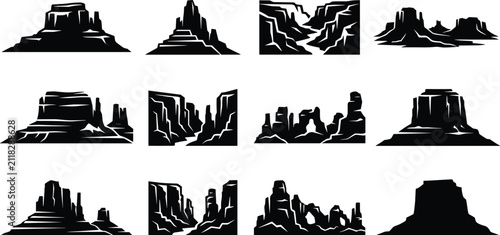 Foto Collection of desert rock canyon and mesa silhouettes in vector format for outdo