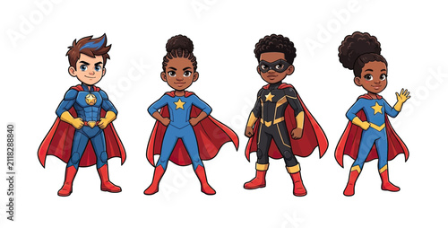 Diverse group of children superheroes standing confidently cartoon illustration brave kids with capes and stars