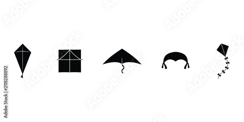 Five different kite silhouettes isolated on white background, for outdoor recreation, and childhood themed, and projects