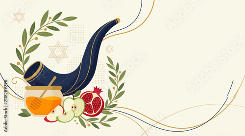 Rosh Hashanah banner background with shofar, honey, apples and pomegranate for Jewish New Year