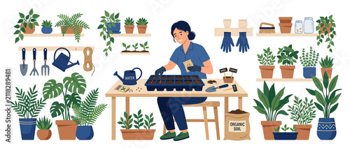 Konstfotografi Woman planting seeds and tending to houseplants