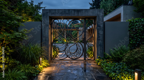 Architectural metal gate at night entrance to modern garden residence with entrance, architecture