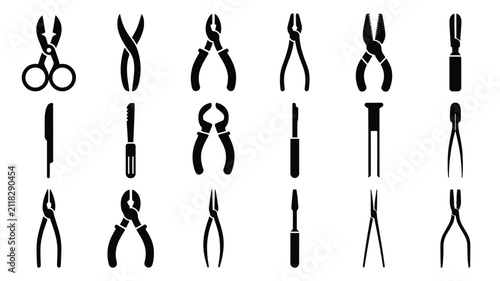 Bild auf Leinwand Set of 18 Black Pliers and Forceps Silhouette Icons Vector