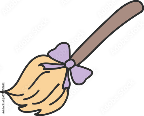 Magic Flying Witch Broomstick with Cute Purple Bow Vector Illustration