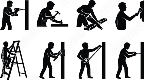 Construction worker and handyman silhouettes set with tools, renovation equipment, and building industry symbols