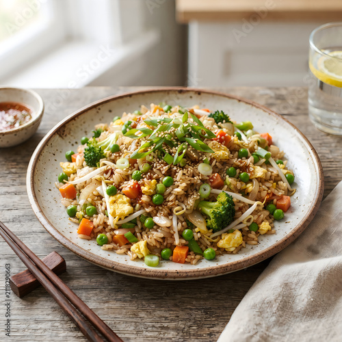 Fresh vegetable fried rice in a ceramic bowl on a wooden table with vegetable broccoli scallion