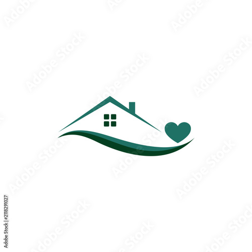 Green House and Heart Logo Design with Wave