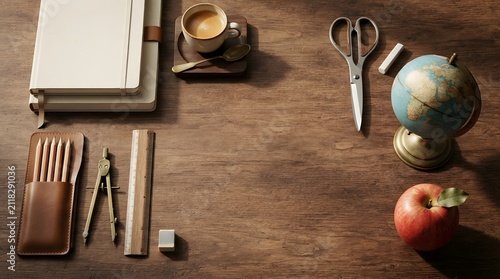 Top view of student workspace with notebooks and stationery
