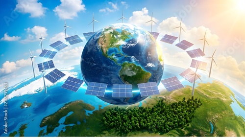 Earth globe encircled by solar panels and wind turbines generates energy.