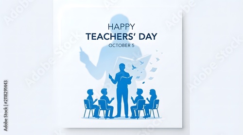 Happy teachers day illustration with teacher and students isolated on white background