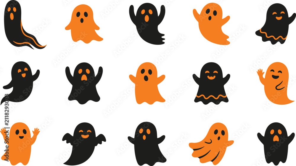 Obraz premium Set of cute black and orange ghost characters for halloween decorations and spooky festive graphic design projects