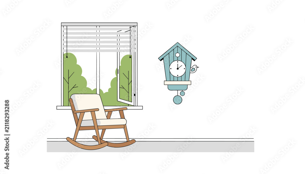 Fototapeta premium Cozy home interior scene with a wooden rocking chair by open window and blue cuckoo clock hanging on white wall.
