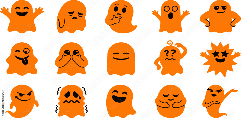Fototapeta premium Set of cute orange ghost characters with various funny facial expressions and gestures for halloween design projects