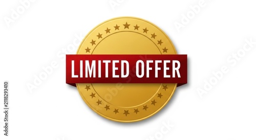 Gold medal badge with limited offer text isolated on white background
