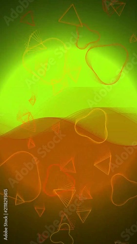 Abstract geometric animation with floating triangles on a vibrant green and orange background.