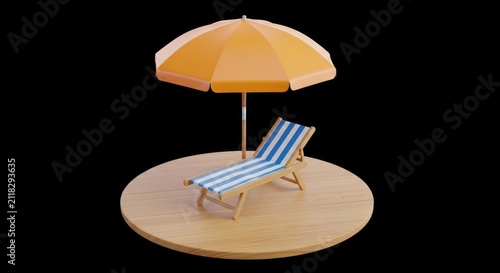 Minimalist 3d render of an orange beach umbrella and blue striped deck chair on a circular wooden platform, isolated on black background