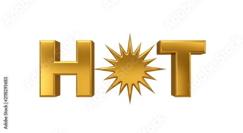 3d golden word hot with a sun icon replacing the letter o isolated on white background