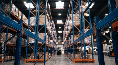 Obraz na plátne Industrial warehouse interior with rows of tall blue metal shelving racks storin