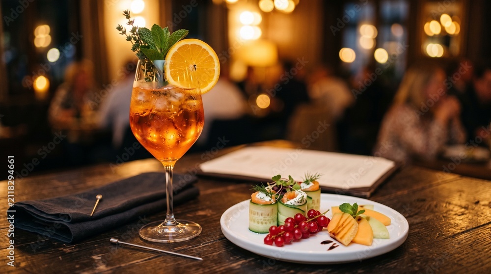 Fototapeta premium Aperol spritz cocktail with cucumber salmon rolls and red currants
