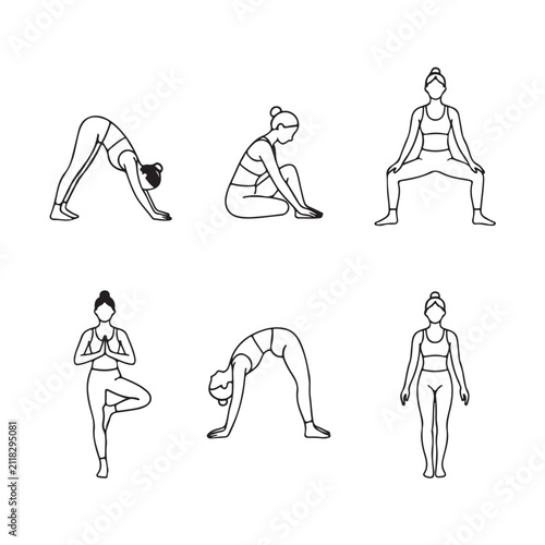 Yoga Pose Line Art Vector Set Collection Outline Woman Exercise Illustration Isolated on White Background.