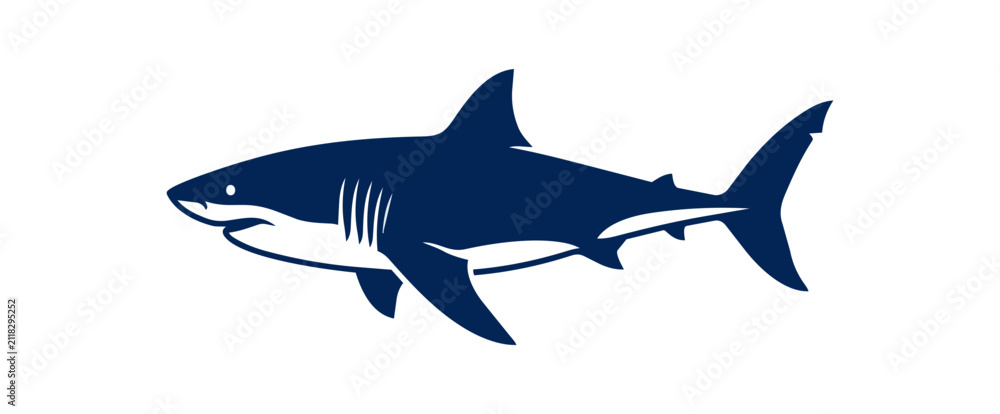 Fototapeta premium Illustration of a dark blue shark swimming on a white background.