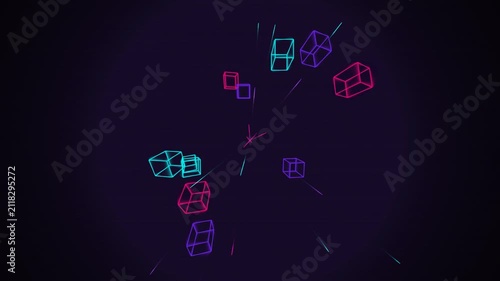 Neon 3D Wireframe Cubes Flying Through Dark Digital Cyberspace.
