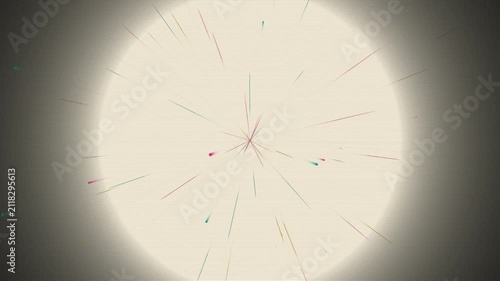 Abstract colorful particles bursting from a central light on a scanline background.