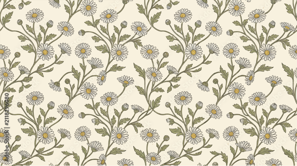 Fototapeta premium Delicate Daisy Flower Pattern Vector Illustration, White Petals and Yellow Centers on Cream Background, Repeating Floral Design with Green Leaves and Stems, Vintage Botanical Art