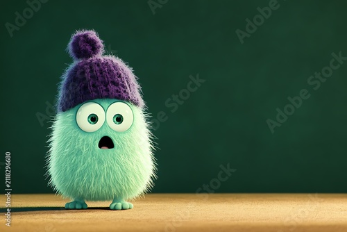 Surprised, furry green creature wearing a purple hat
