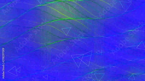 Abstract Digital Blue Motion Background with Wavy Lines and Floating Triangles.