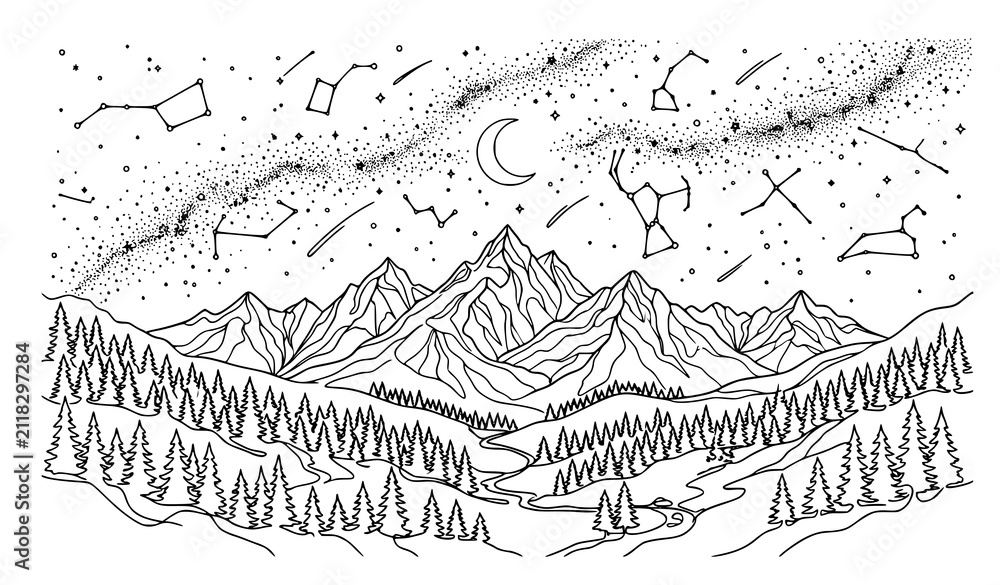 Fototapeta premium Minimal Mountain Range with Pine Trees and Star Constellations Monoline Vector Landscape