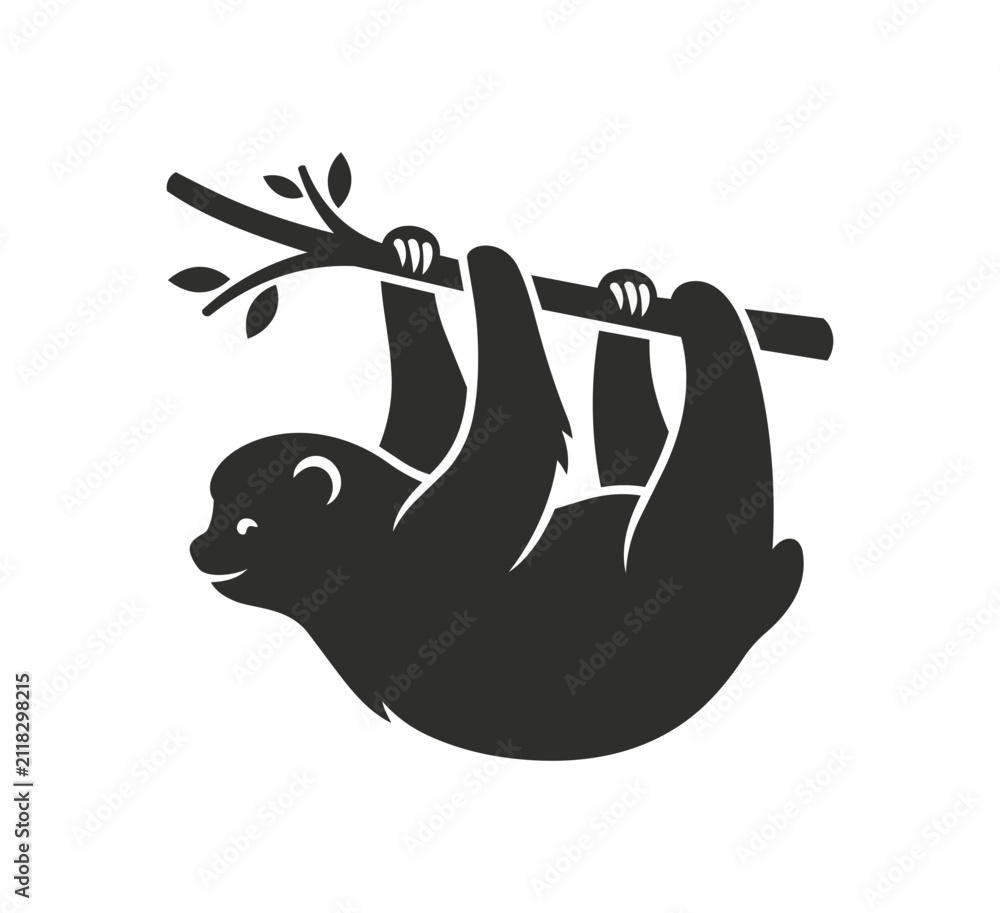 Obraz premium Cute Sloth Hanging on a Tree Branch Silhouette.