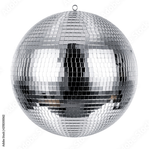 Shiny silver disco ball with glass mirror tiles isolated on transparent background