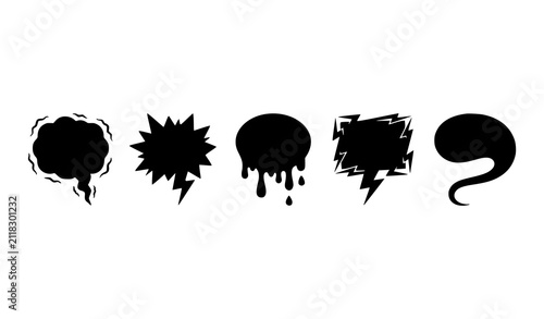 Comic Book Speech Bubbles Solid Silhouette Icon Set with Explosive Starburst Dripping Ink and Lightning Bolt Elements for Creative Pop Art Graphic Designs