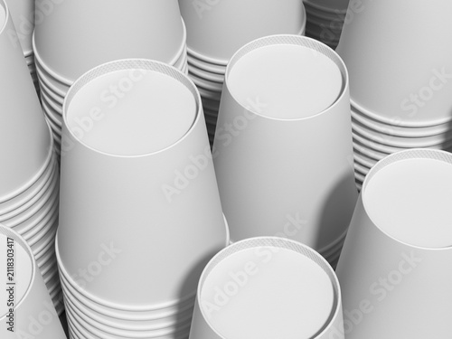 Stack of blank white disposable paper cups mockup bottom isometric view