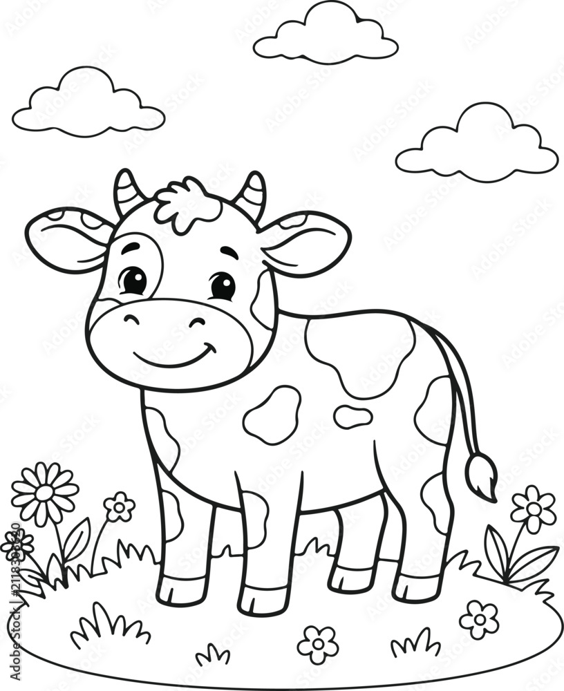 Obraz premium Cute cartoon cow standing in a meadow with flowers and clouds
