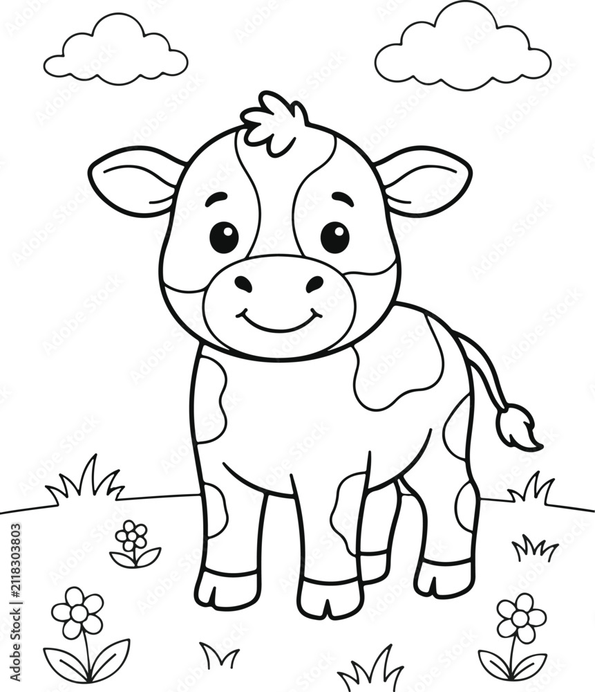 Obraz premium Cute spotted calf standing in a meadow, coloring page for kids
