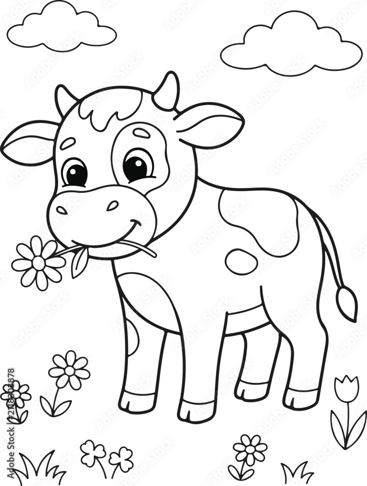 Obraz premium Cute cartoon cow eating a flower in a meadow, coloring page for kids