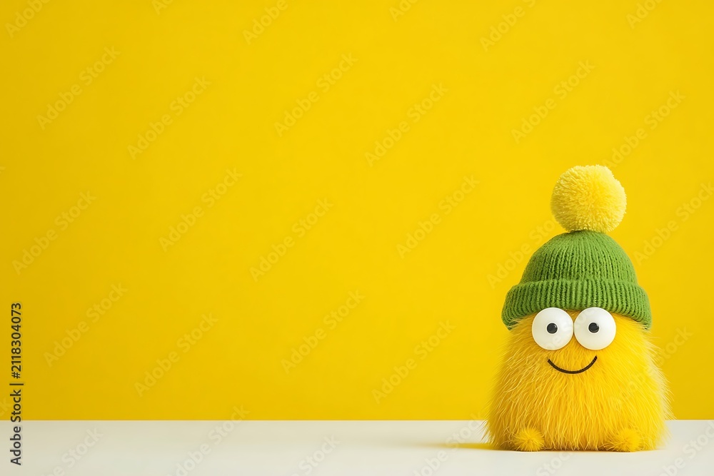 Fototapeta premium Cheerful yellow toy with green hat