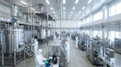 Large scale chemical production facility with workers in clean suits.