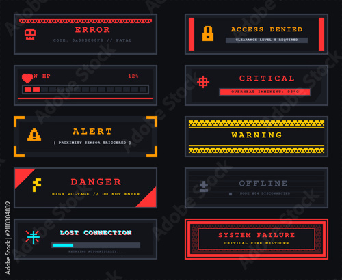Digital HUD UI set featuring red and yellow error messages system failure alerts and access denied banners in a futuristic cyberpunk pixel art style on a dark background