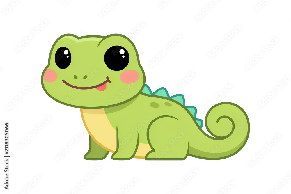 Obraz premium Cute cartoon green lizard character with large black eyes and pink cheeks, standing in profile, isolated on a white background, style