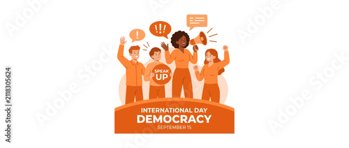 Diverse people celebrating democracy with speech bubbles and megaphone
