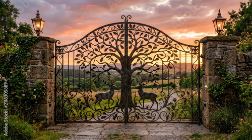 Ornate wrought iron garden gate featuring tree of life and deer design entrance landscape