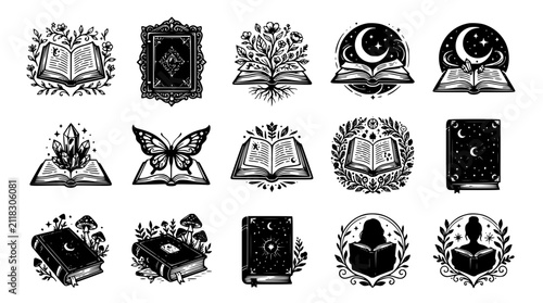 Fotografía Books with Decorative Elements and Symbols in Vintage Style Featuring Book, Illu