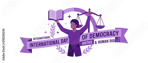 Person holding book and scales for democracy and human rights