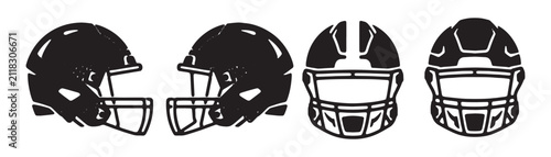 Set of football player helmet icons showing different angles for safety and athletic equipment branding.