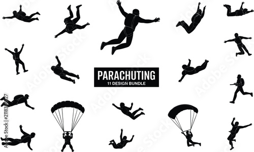 Fotografía Black and white of parachuting and hot air balloons parachute skydiving